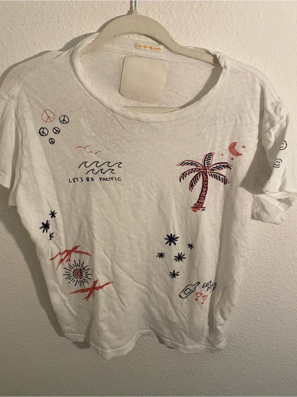 MOTHER White Short Sleeve Tee with Red & Navy Tropical Prints - Picture 1 of 5